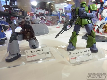 ▲『機動戦士ガンダム THE ORIGIN』からは、「HG 1/144 YMS-03 ヴァッフ」（税込1,836円）と「HG 1/144 ザクI（デニム/スレンダー機）」（税込1,836円）が。ヴァッフは4月16日、ザクIは5月発売予定です。